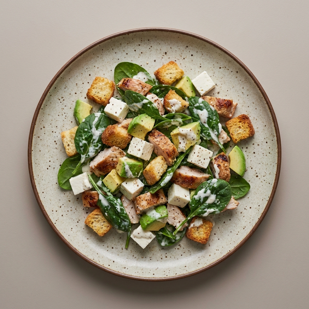 Ensalada de queso panela, pechuga de pavo, espinaca y aguacate, con croutones y aderezo de yogurt