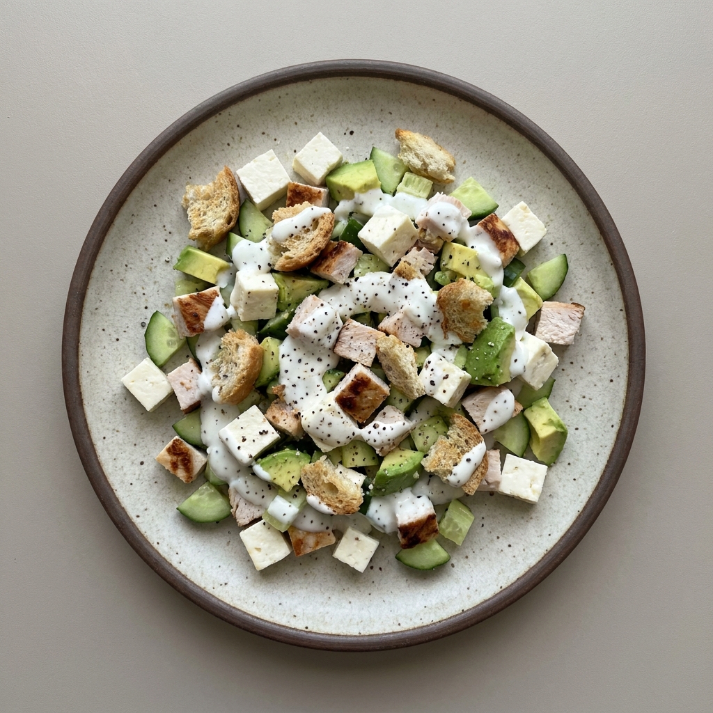Ensalada de queso panela, pechuga de pavo horneada, pepino, aguacate, y croutones con aderezo de yogurt