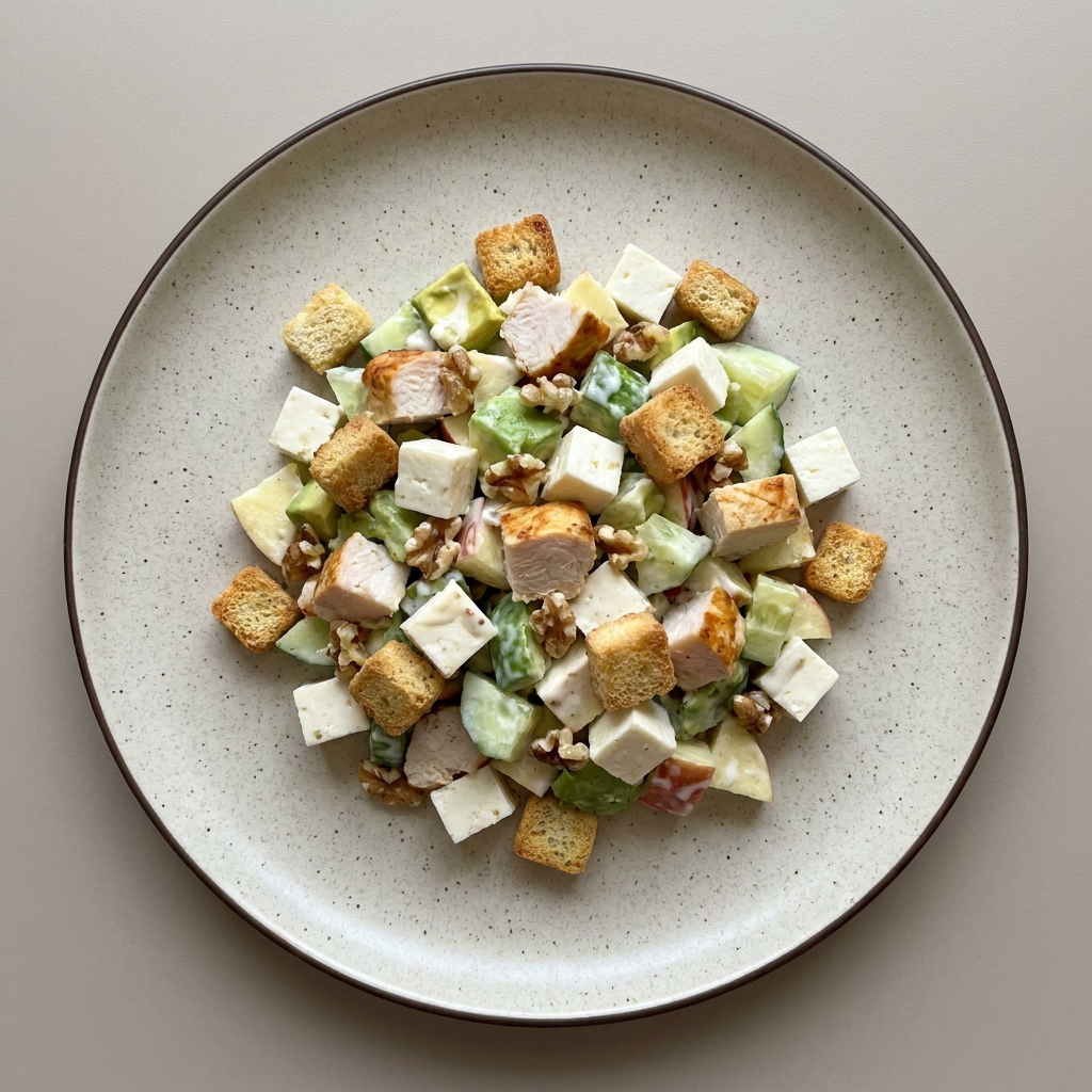 Ensalada de queso panela, pechuga de pavo, nuez y manzana con aderezo de yogurt
