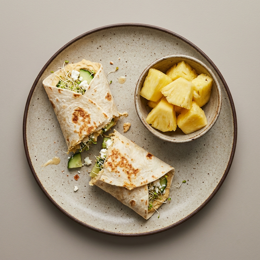 Wrap de pepino con hummus y queso feta + bowl de piña