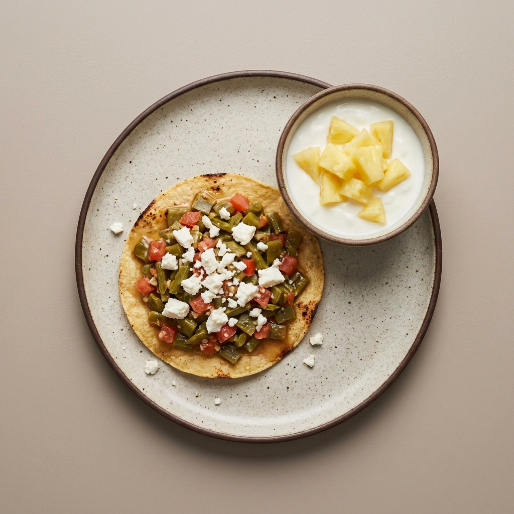 Tostada de nopal y panela con bowl de yogurt y piña picada