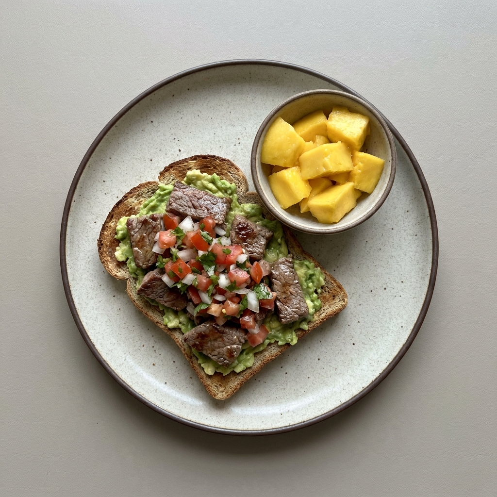 Toast de aguacate con carne y pico de gallo + bowl de mango