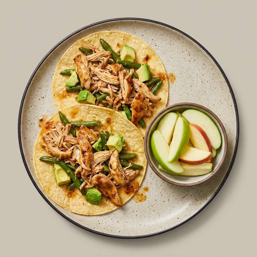 Tacos de muslo de pollo con ejote  + bowl de manzana
