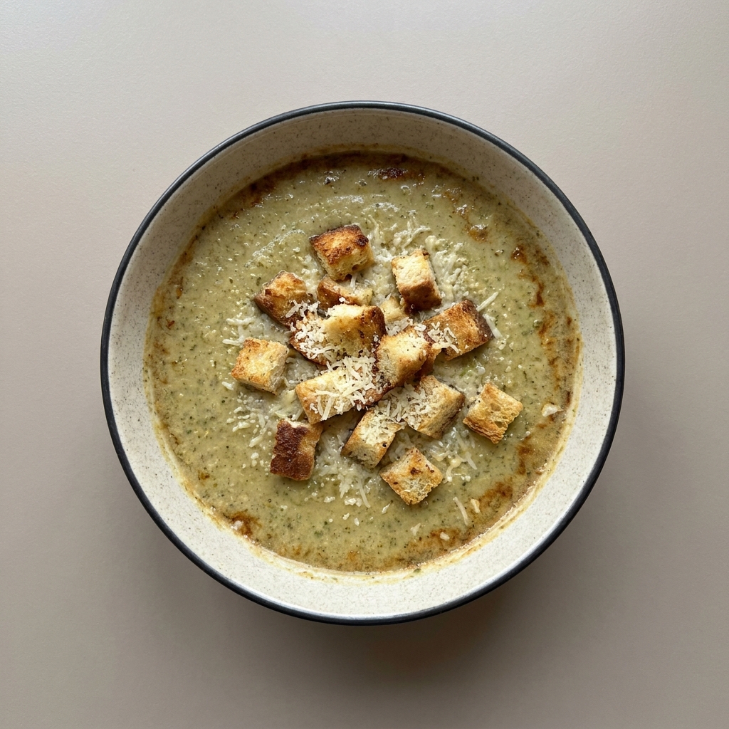 Crema de brocoli con queso y croutones + agua de mango
