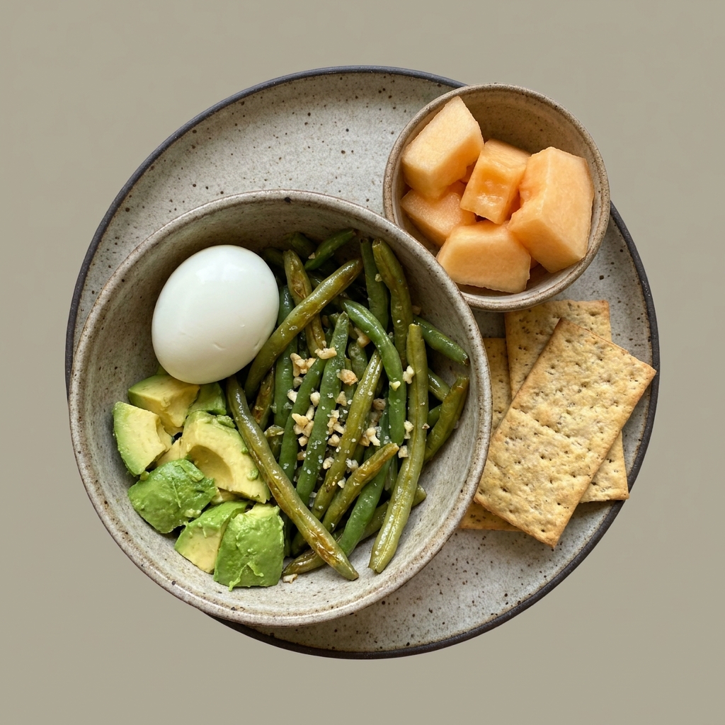 Bowl de huevo cocido con ejotes, tostadas y aguacate + bowl de melón