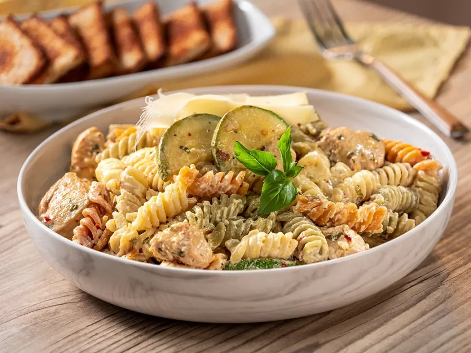 Pasta cremosa con pollo y calabacitas