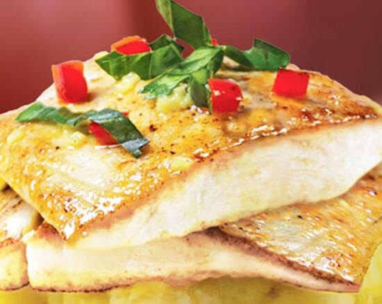 Pescado a la mostaza y lentejas