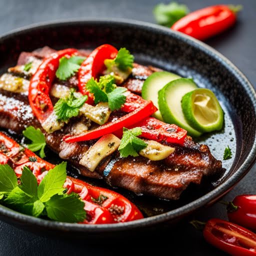 Arrachera con champiñones y pimientos de 184 Kcal