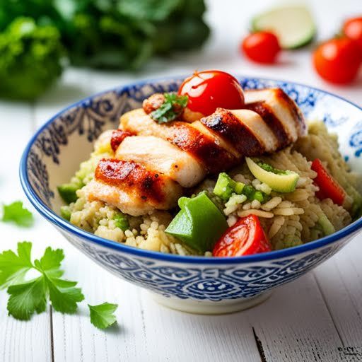 Pollo con arroz y vegetales verdes